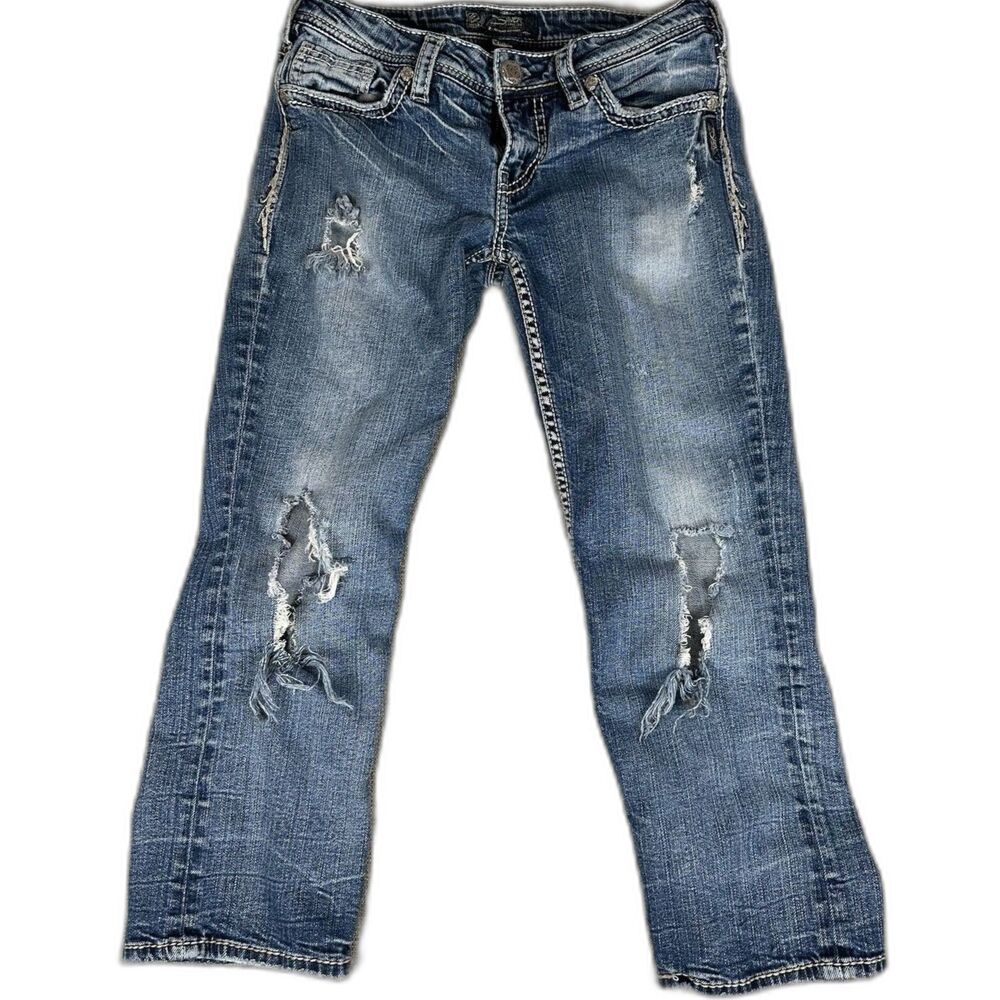 Silver Jeans Aiko Capri Distressed W28 Denim Jeans Mid Rise Western Wear